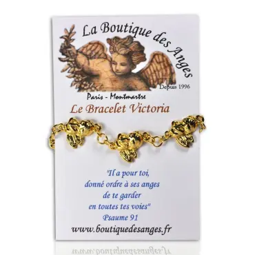 Le bracelet Victoria doré sur sa carte « Le Bracelet Victoria », au-dessus du verset du Psaume 91