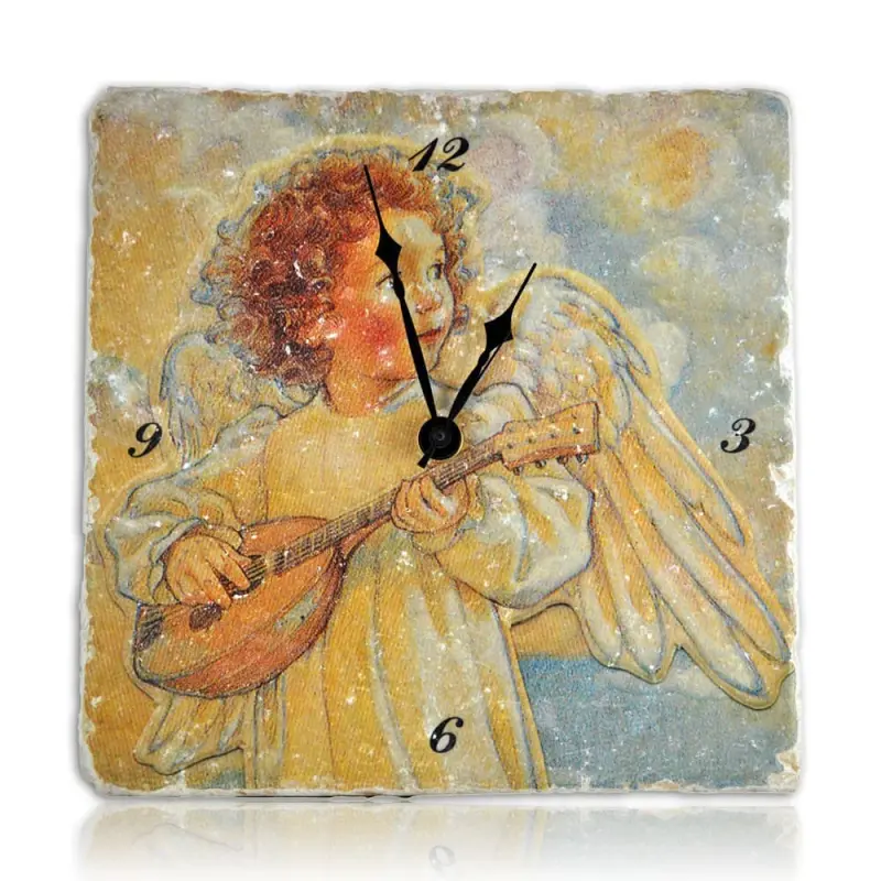 Horloge murale angelot musicien Vivaldi de face, angelot roux jouant de la mandoline