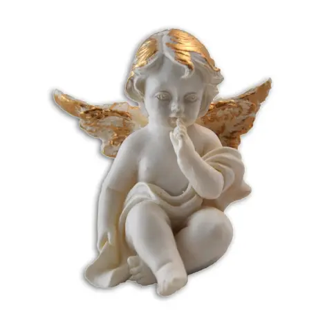 Statuette d'angelot Câlin Sage de face, l'index sur les lèvres, un drapé sur l'épaule