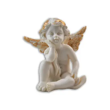 Angelot doré Câlin Penseur de face, assis, la joue posée dans la main