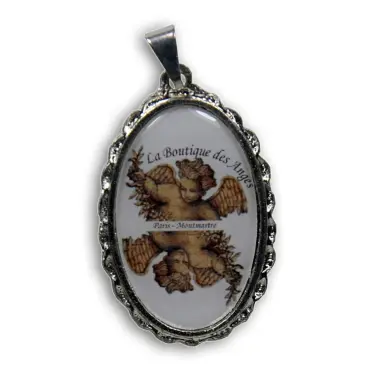 Pendentif souvenir de Montmartre argenté, de face : logo et « Paris - Montmartre » sous un dôme
