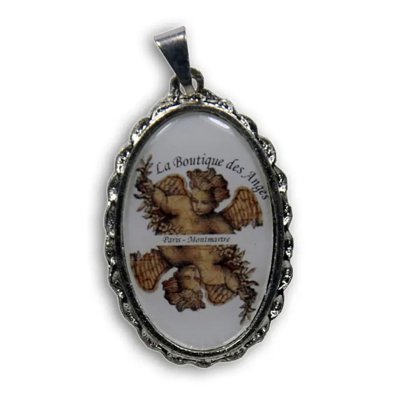 Pendentif souvenir de Montmartre argenté, de face : logo et « Paris - Montmartre » sous un dôme