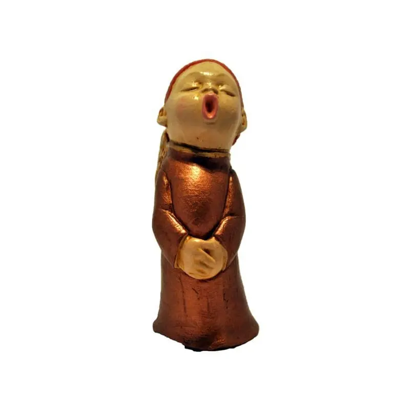 Statuette ange choriste cuivré aux cheveux roux, de face, la bouche ouverte et les yeux fermés