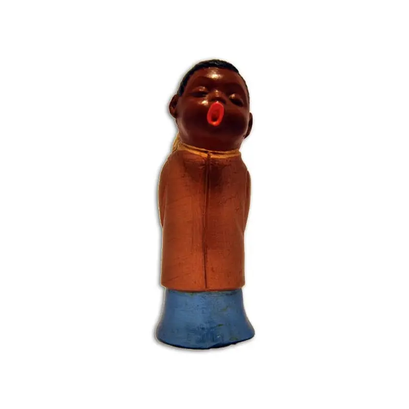 Statuette ange choriste cuivré et bleu de face, peau foncée, bouche ouverte en rond