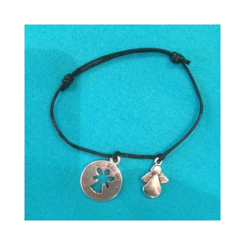 Bracelet « You are my special angel » sur cordon noir, médaille ajourée et petit ange argenté