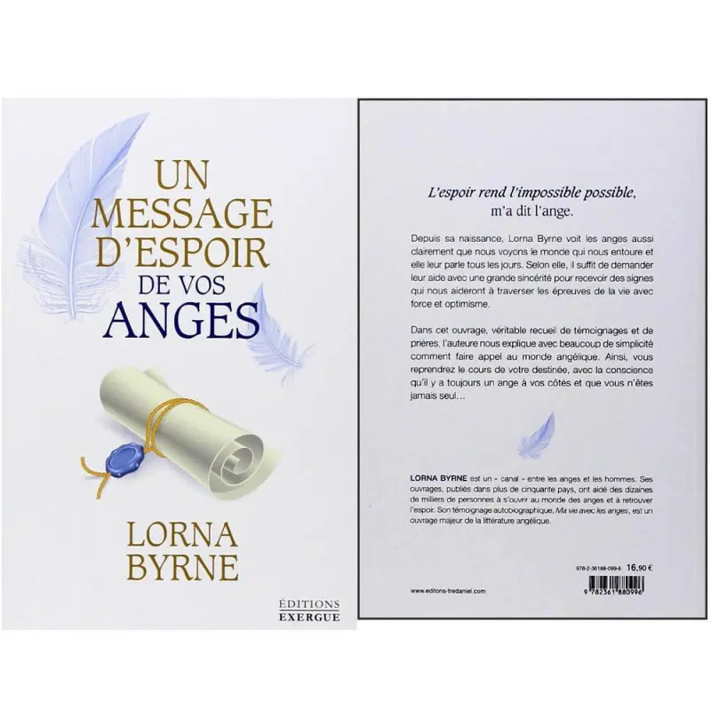 Un message d'espoir de vos anges, de Lorna Byrne : couverture au parchemin scellé et dos du livre