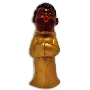 Figurine ange choriste dorée de face : bras croisés, bouche rouge ouverte en rond