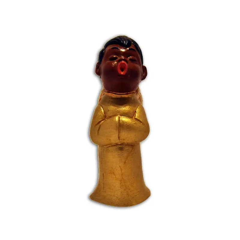 Figurine ange choriste dorée de face : bras croisés, bouche rouge ouverte en rond