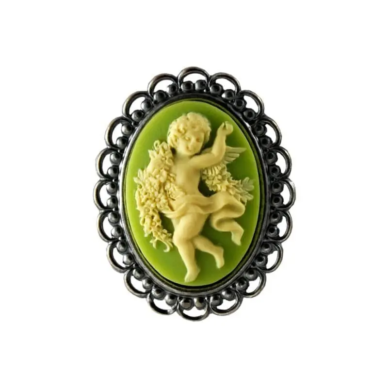 Broche camée dentelle « La Danse » vert clair, de face