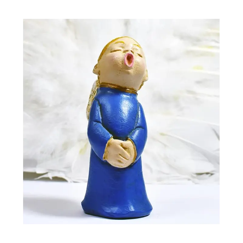 Figurine ange choriste bleu roi de face, blond, les mains jointes sur le ventre