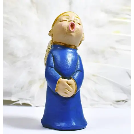 Figurine ange choriste bleu roi de face, blond, les mains jointes sur le ventre