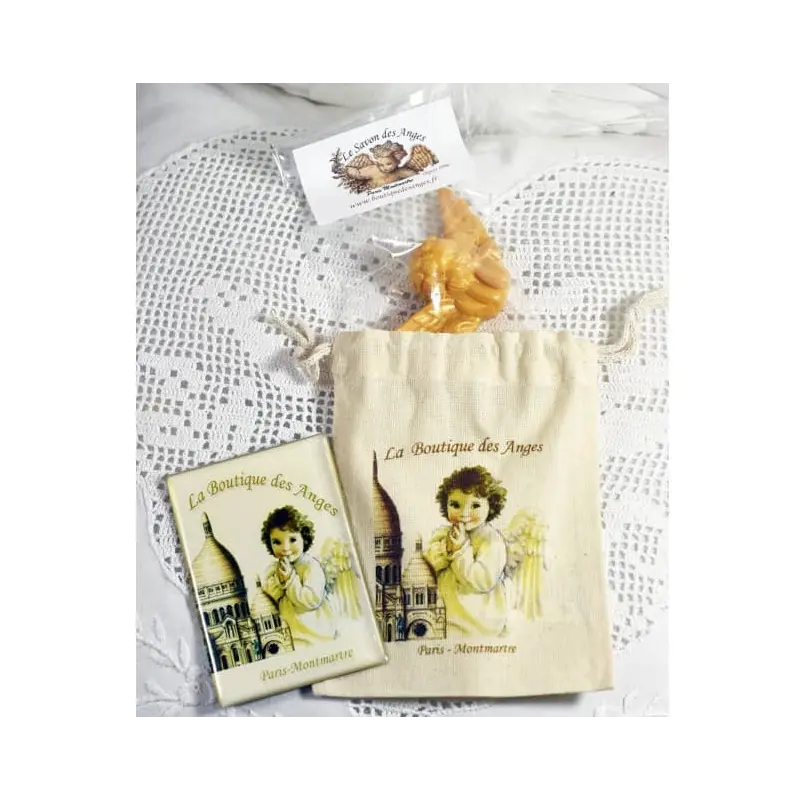 Savon Montmartre coloris or dans son sachet, avec le petit sac et le magnet « Amitié de Montmartre »