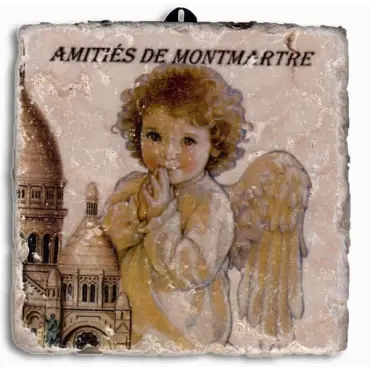 Plaque murale Sacré-Cœur : la basilique et sa statue à gauche, l'angelot aux mains jointes à droite