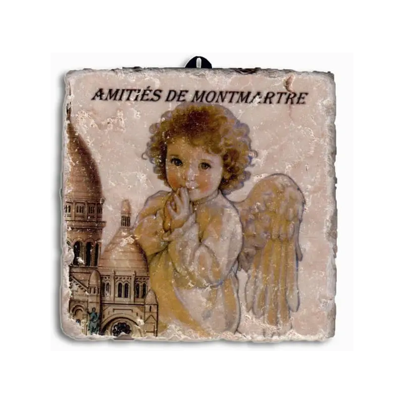Plaque murale Sacré-Cœur : la basilique et sa statue à gauche, l'angelot aux mains jointes à droite