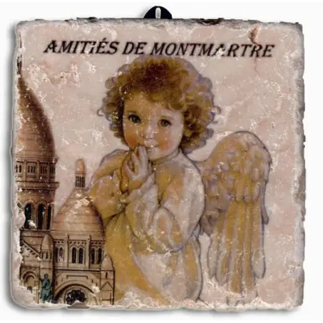 Plaque murale Sacré-Cœur : la basilique et sa statue à gauche, l'angelot aux mains jointes à droite
