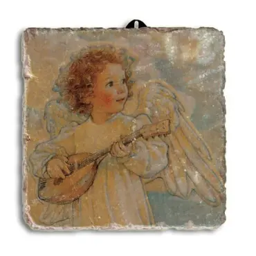 Plaque angelot musicien Vivaldi : boucles rousses, robe blanche et mandoline sous un ciel clair