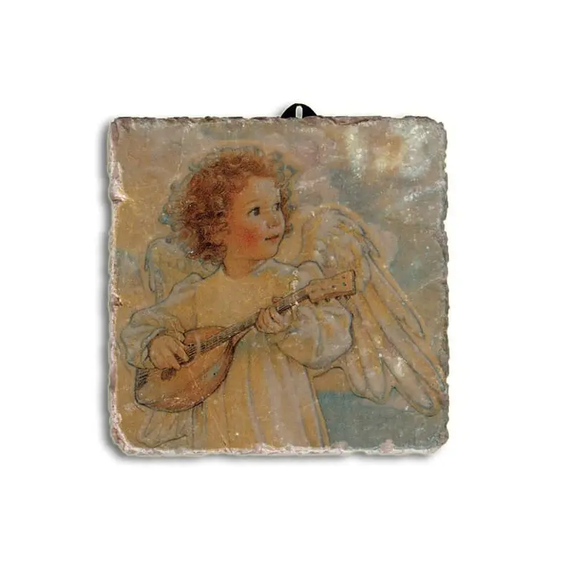 Plaque angelot musicien Vivaldi : boucles rousses, robe blanche et mandoline sous un ciel clair