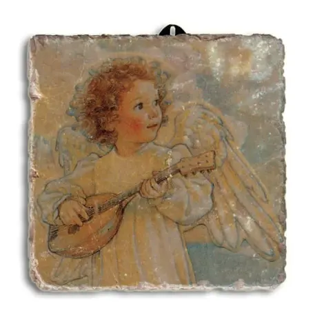 Plaque angelot musicien Vivaldi : boucles rousses, robe blanche et mandoline sous un ciel clair