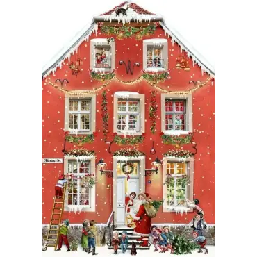 Calendrier de l'Avent victorien : maison rouge enneigée, Père Noël à la porte, enfants autour