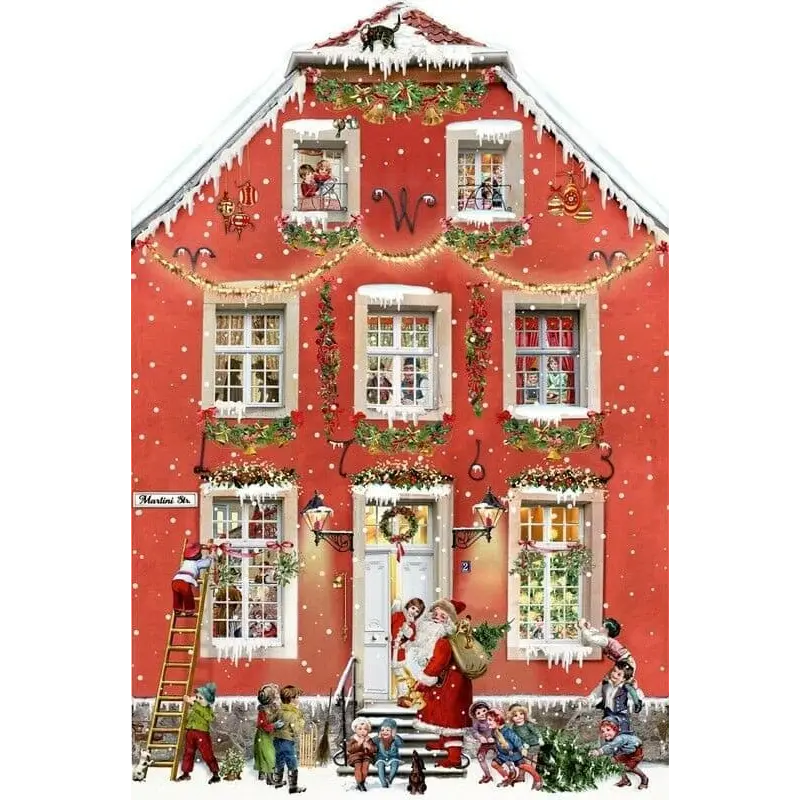 Calendrier de l'Avent victorien : maison rouge enneigée, Père Noël à la porte, enfants autour