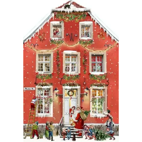 Calendrier de l'Avent victorien : maison rouge enneigée, Père Noël à la porte, enfants autour