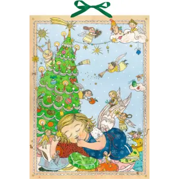 Calendrier de l'Avent illustré « Rêve de l'Ange » : enfant ailé endormi au pied du sapin, anges qui volent