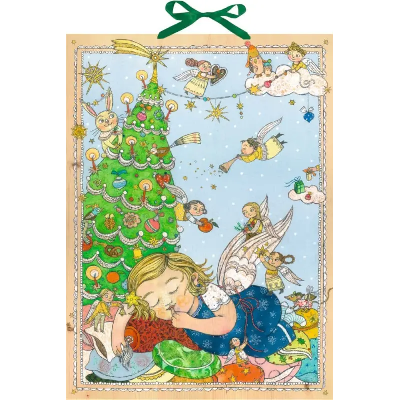 Calendrier de l'Avent illustré « Rêve de l'Ange » : enfant ailé endormi au pied du sapin, anges qui volent