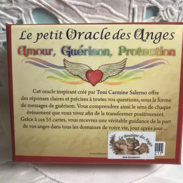 Dos de la boîte : présentation des 55 cartes et étiquette de La Boutique des Anges