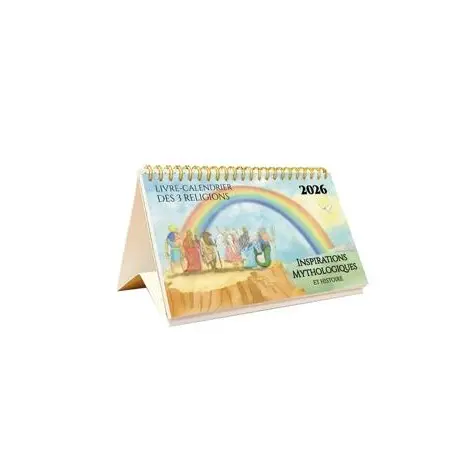 Calendrier des 3 religions 2026 plié en chevalet sous sa spirale dorée, arc-en-ciel en couverture