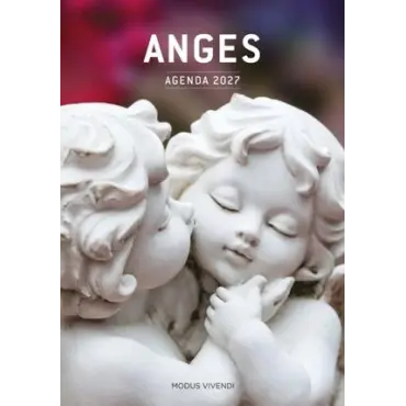 Couverture de l'Agenda des Anges 2027 : deux angelots sculptés blancs qui s'embrassent