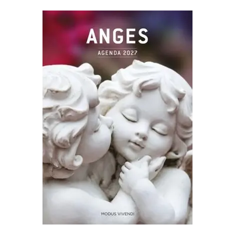 Couverture de l'Agenda des Anges 2027 : deux angelots sculptés blancs qui s'embrassent