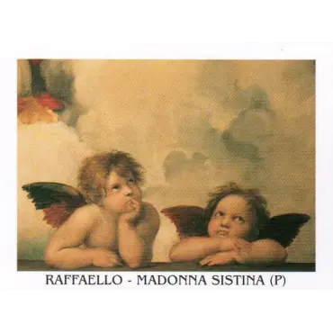 Affichette angelots de Raphaël : les deux enfants ailés de la Madone Sixtine, titre en marge