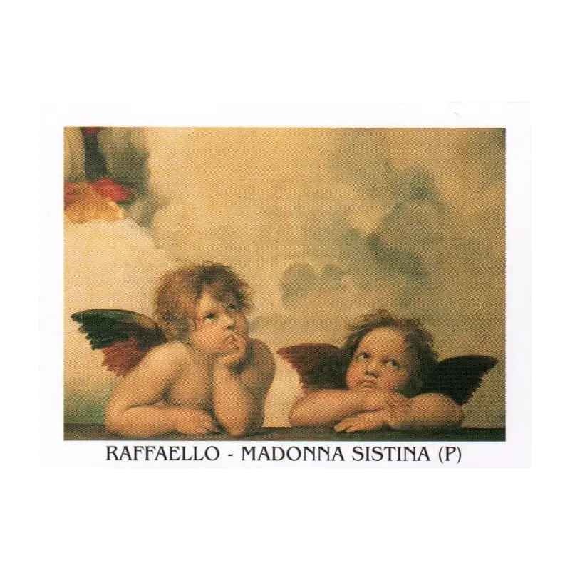 Affichette angelots de Raphaël : les deux enfants ailés de la Madone Sixtine, titre en marge