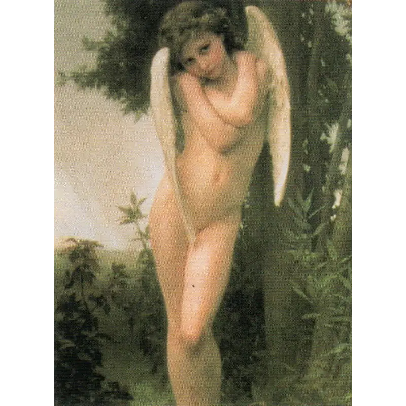 Affiche Bouguereau Cupidon : l'enfant ailé debout, bras croisés, tête penchée, devant un arbre