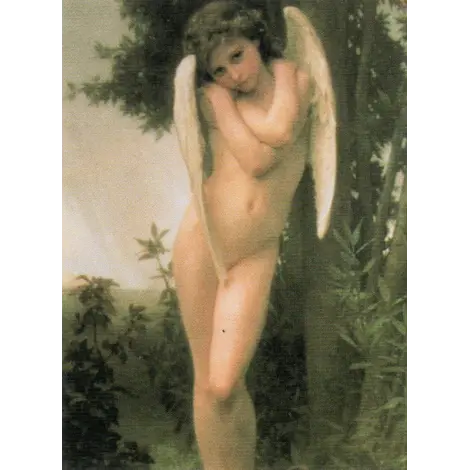 Affiche Bouguereau Cupidon : l'enfant ailé debout, bras croisés, tête penchée, devant un arbre
