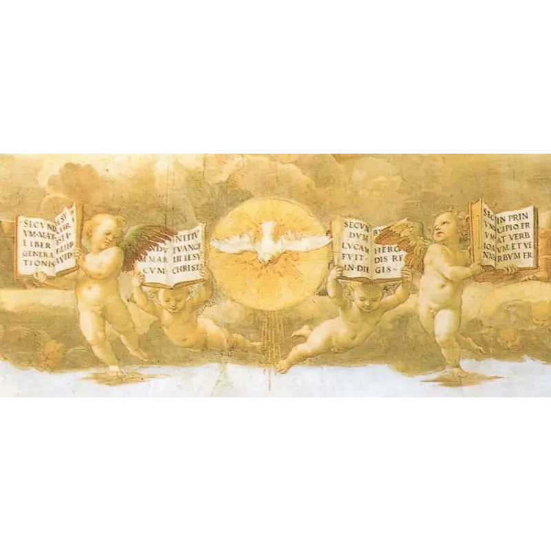 Affiche Dispute du Saint-Sacrement de Raphaël : colombe dans un halo doré, angelots aux Évangiles ouverts