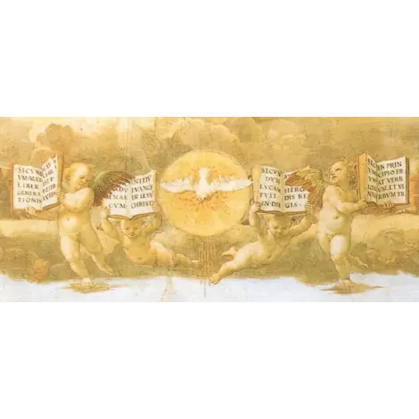 Affiche Dispute du Saint-Sacrement de Raphaël : colombe dans un halo doré, angelots aux Évangiles ouverts