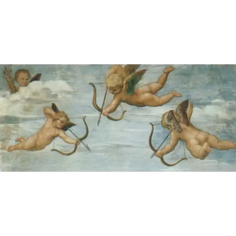 Grande affiche Triomphe de Galatée : angelots qui bandent leur arc dans un ciel bleu et nuageux