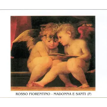 Affiche angelots lisant de Rosso Fiorentino, assis sur une marche, têtes rapprochées au-dessus d'un livre