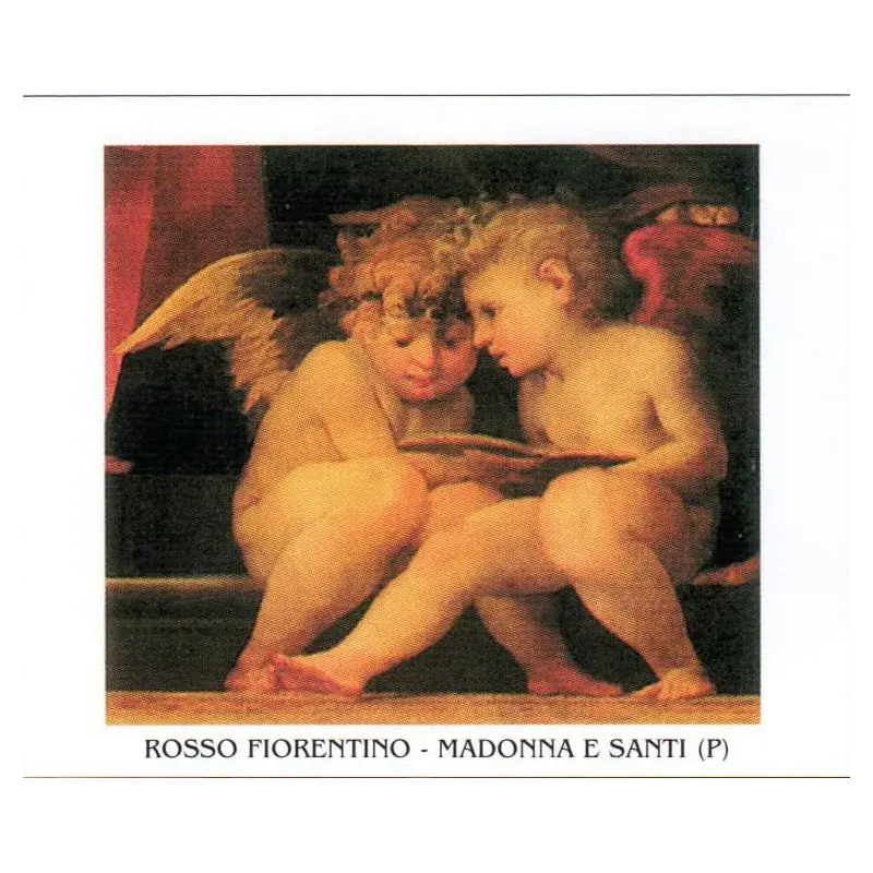 Affiche angelots lisant de Rosso Fiorentino, assis sur une marche, têtes rapprochées au-dessus d'un livre
