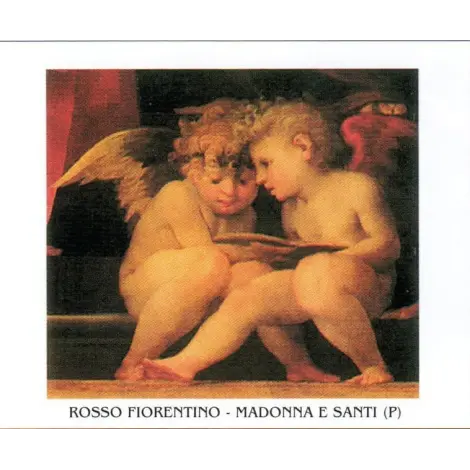 Affiche angelots lisant de Rosso Fiorentino, assis sur une marche, têtes rapprochées au-dessus d'un livre