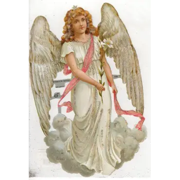 Découpis d'un ange au lys blanc, en robe blanche et écharpe rose, debout sur un nuage : Chromos paillettes 5