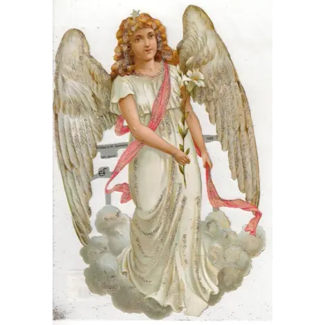 Découpis d'un ange au lys blanc, en robe blanche et écharpe rose, debout sur un nuage : Chromos paillettes 5